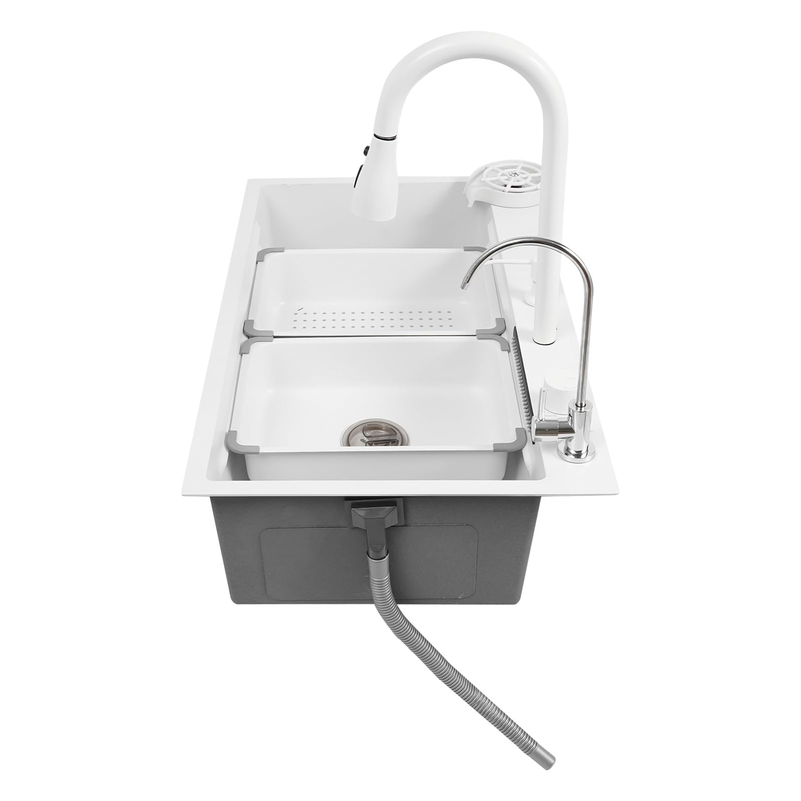 Fregadero de cocina cascada de acero inoxidable, 80 x 46 cm, 1 seno, multifunción, con grifo extraíble, juego completo de accesorios (blanco, 80 x 46 x 22 cm)