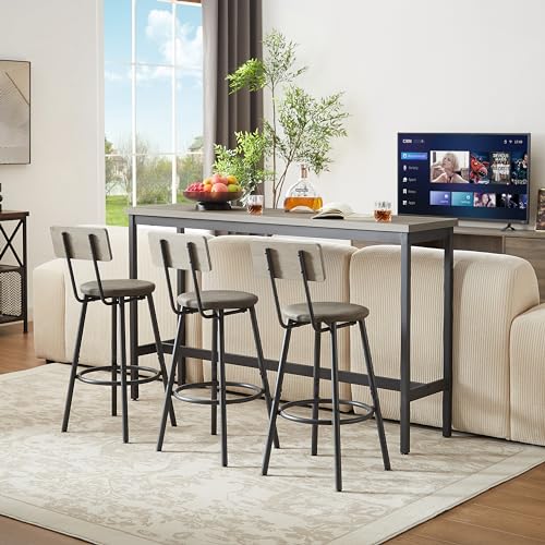 63 L Grey Bar Table Set for 3 – 4-Piece Counter Height Bistro Table with 3 Upholstered Stools