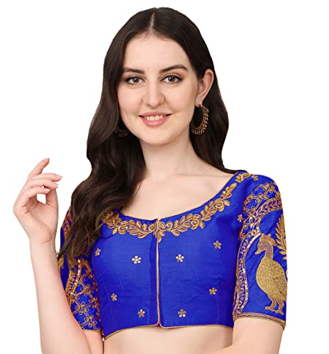Image of Pujia Mills Women's Phantom Silk Embroidery Handwork & Sequin Work Peacock Design Half Sleeve Readymade Blouse (Mor Blouse Gold 38 Size+Margin)