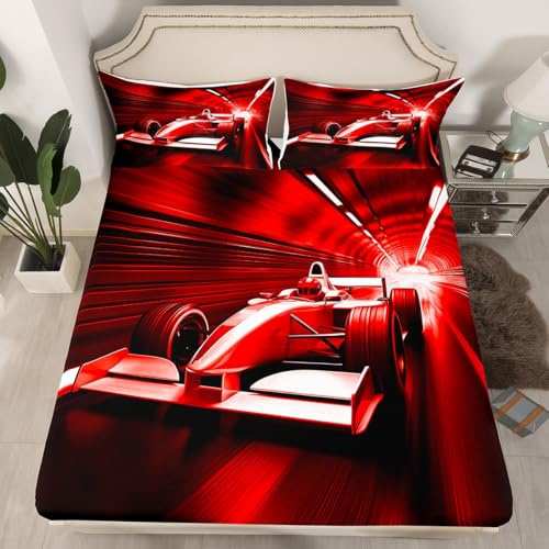 Red Race Car Fitted Sheets Twin Size,Neon Light Track Bedding Set 2Pcs for Kids Boys Teens Room Decor,Extreme Sport Gaming Bed Sheet Modern Cool Deep Pocket Sheet,1 Pillowcase
