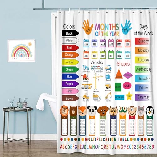 Image of Funny Kids Shower Curtain, ABC Educational Restroom Curtain with Vehicle Smathematical Knowledge for Boys Girls, Gute Pupil Students Learning Tools Cloth Fabric Bathroom Accessories Decor with Hooks