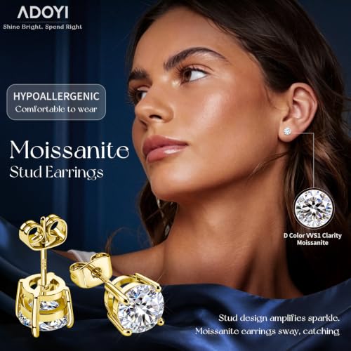 adoyi Moissanite Diamond Stud Earrings for Women Men 925 Sterling Silver Post Hypoallergenic 18K Gold Plated Flat Back Stud Earring Jewelry Round Cut D Color VVS1 Clarity Gift for Women 0.6CT - image 8