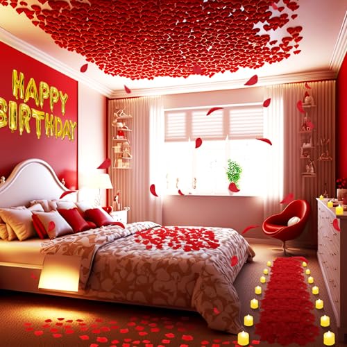 Image of Red and Gold Happy Birthday Balloons Decorations Happy Birthday Letter Balloons Banner with 24pcs Flameless LED Candles and 2000pcs Artificial Rose Petals for Women Men Room Party Decorr