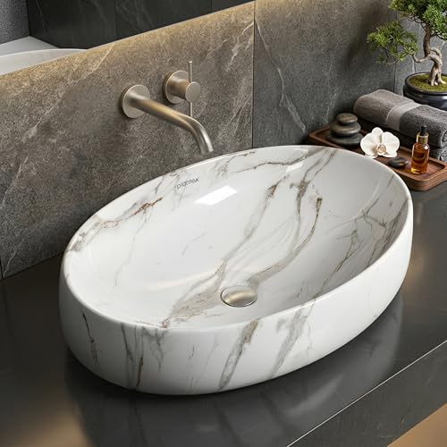 Image of Plantex Basin for Bathroom /Ceramic Table Top Wash Basin /Over Counter Washbasin for Restaurant /Hotel (CRETA-NS-203-Marble Finis, 23 x 15 x 5.5 Inch)