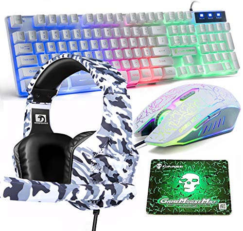 Wired Gaming Keyboard and Mouse,4 in 1 Gaming Combo,Rainbow LED Backlit Keyboard,2400DPI 6 Button Optical Gaming Mouse,PC Gaming Headset,Gaming Mouse Pad for PC Gaming(White)