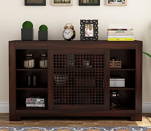 Image of Solid Sheesham Wood Wooden Sideboard Storage Cabinet : Ideal for Living Room and Bedroom with Without Drawers and 6-Shelf Storage (Hagborg, Walnut Finish)