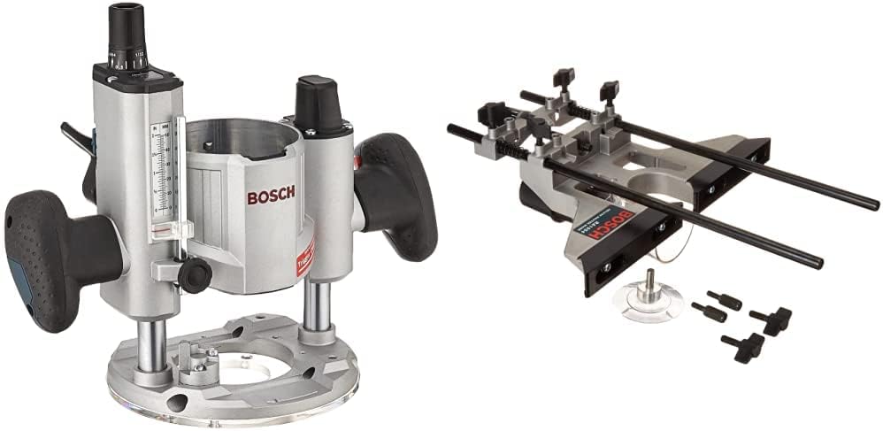 Bosch MRP01 Plunge Router Base for MR23 Series, Blue & Bosch RA1054 Router Edge Guide with Dust Extraction & Vacuum Hose Adapter, Aluminum, Black