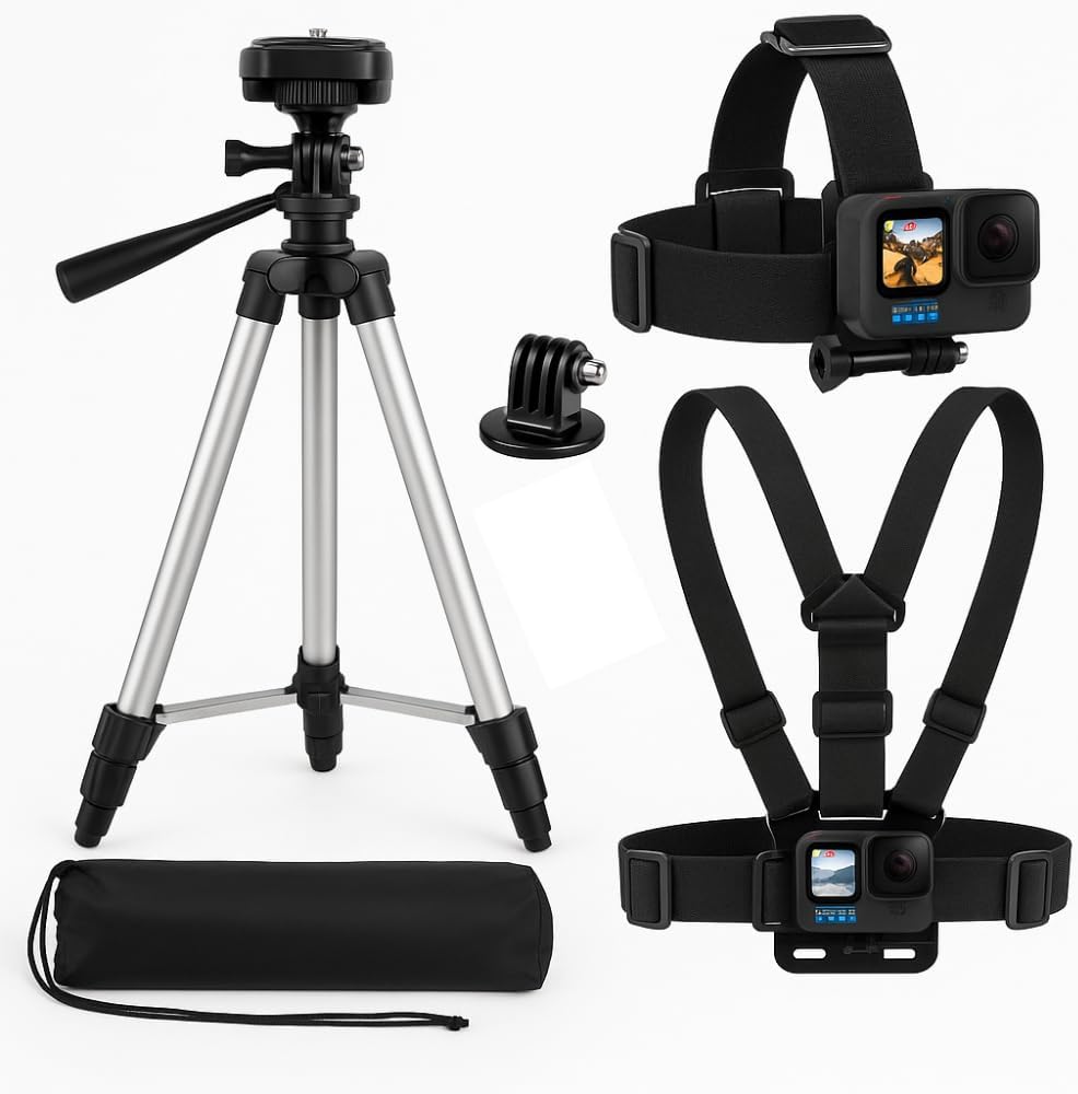 Acuvar 4 Pack Action Camera Accessory Kit – 50" Tripod Camera Tripod Stand for Action Cameras GoPro Accessories Kit with Go Pro Mounts Chest Mount Harness Head Strap Compatible with All Action Cameras