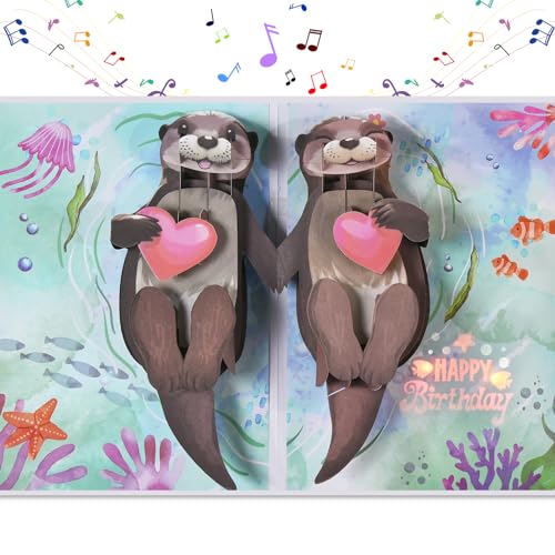 Image of Otter Birthday Cards, 3D Pop Up Cute Musical Birthday Card for Wife Husband | Lights Up Romantic Birthday Cards, 'Happy Birthday To My Otter Half', Sweet Birthday Gifts for Boyfriend Girlfriend Couples