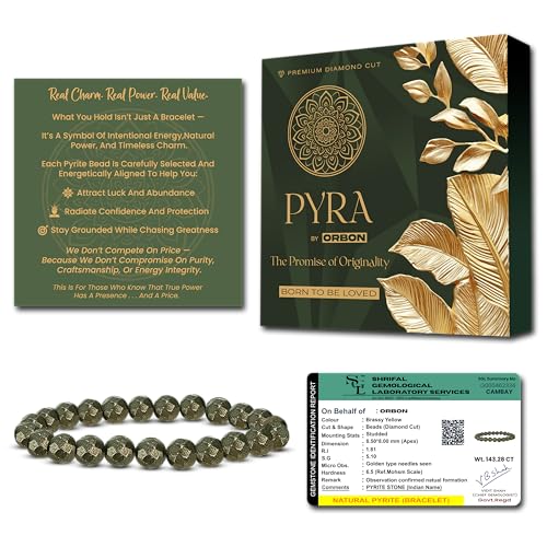 ORBON PYRA Certified Original Raw Pyrite Bracelet – Natural Pyrite Stone Energy Bracelet for Men & Women | Money Attraction Stone for Wealth & Success | with Activation Card & Authenticity Certificate (Diamond Cut Pyrite)