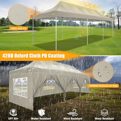Image of HOTEEL Tents for Parties 10x30 Pop Up Canopy Tent Heavy Duty with 8 Sidewalls, Commercial Party Tent Event Wedding Instant Canopy Waterproof with Carry Bag, UV 50+, Thicked Hexagonal Legs, Khaki
