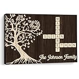 KiKiLuna Personalized Family Crossword Canvas Wall Art, Custom Names Crossword Sign with Tree, Rustic Farmhouse Family Name Canvas, Customized Wall Decor Gift for Home Living Room Bedroom
