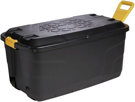 Pluto Packaging Strong Black XL Capacity 110 & 145 Litres Storage Trunk | Indoor Outdoor Heavy Duty Storage Box With Wheels & Handles