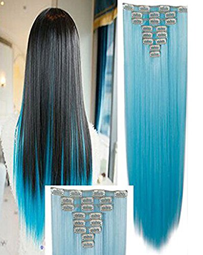 Clip in Hair Extensions Synthetic Full Head Colored Party Highlight Hairpieces Sky Blue Thick Long Straight Soft Silky 8pcs 18clips for Women Fashion and Beauty 26'' / 26 inch