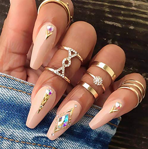 Cathercing Women Rings Pack Bohemian Rings Knuckle Rings for Women Vintage Gold Moon Crystal Joint Nail Ring Set for Women and Girls(5Pcs)