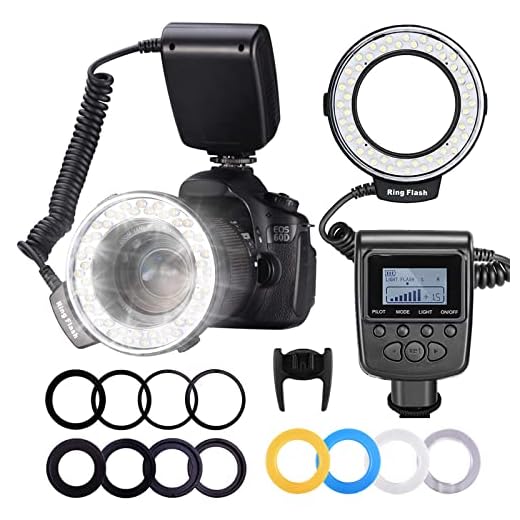 Neewer RF550D, 48 Macro LED Anillo Flash Bundle con Pantalla LCD,Control de Potencia,Anillos Adaptadores y Difusores Flash