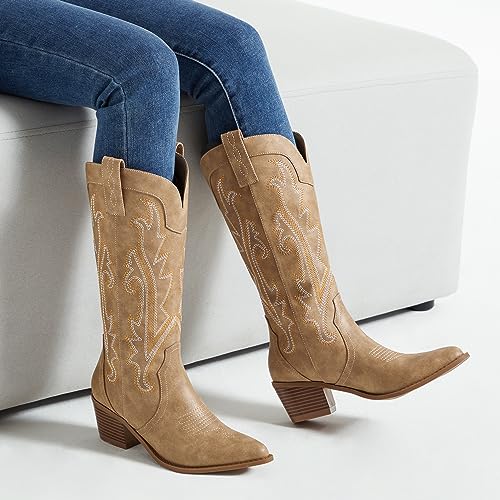 Athlefit Cowboy Boots For Women Western Cowgirl Boots Fashion Embroidered Pointed Toe Chunky Heel Black Mid Calf Boots Size 7 thumb #2