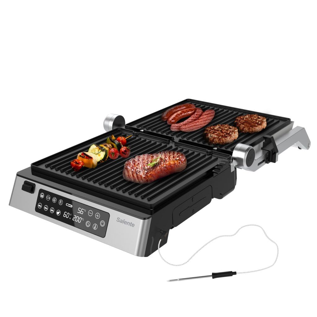 FlamePro - Barbacoa de contacto con sensor de temperatura externo, 8 programas, plancha antiadherente, 2200 W, placas desmontables, parrilla eléctrica para asar sin grasa