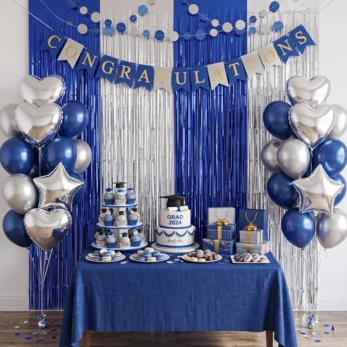 Image of TONIFUL 2Pcs Blue and Silver Metallic Tinsel Foil Fringe Curtains Streamers | 3.3ftx6.6ft Photo Booth Backdrop Tinsel Streamer Curtain for Boys' Men's Birthdays Baby Shower Retirement Graduation Party