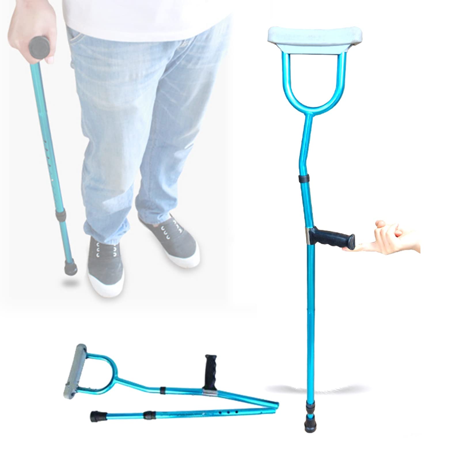 Muleta Axilar Plegable Azul, Muletas Ortopédicas para Hombre y Mujer, con Cómodas Almohadillas Axilares, 1 Unidad, Altura Aplicable 130-195cm