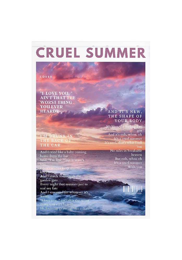 Cruel Summer Poster lover Album Lyric Poster Taylor Music Canvas Wall Art for Room Aesthetic Prints for Teens, Girls Room Decor (12x18inch, unframed)