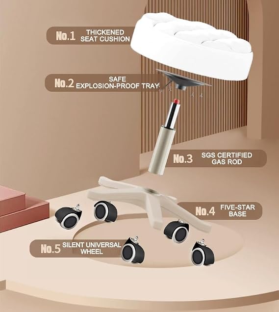 Small Chair Round Rolling Stool with Wheels PU Leather Height Adjustable Swivel Drafting Work SPA Salon Stools Home Office Chair