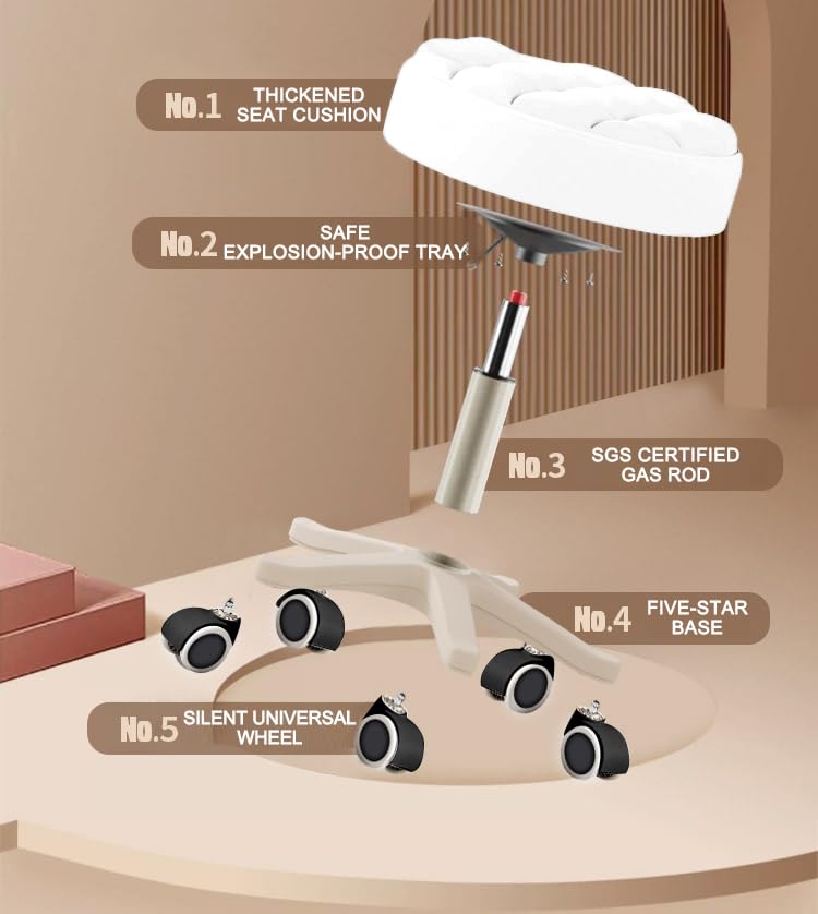 Image of Small Chair Round Rolling Stool with Wheels PU Leather Height Adjustable Swivel Drafting Work SPA Salon Stools Home Office Chair