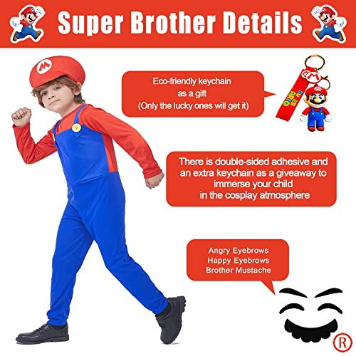 Wohoparki Super Brother Costume For Kids Costume Halloween Birthday Cosplay Jumpsuit With Mario Hat (Mario-Red, M) #TOP4