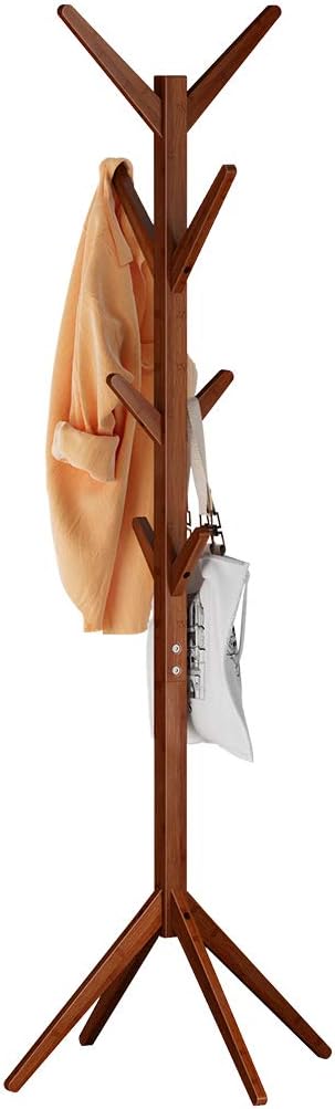 LANGRIA Free Standing Bamboo Tree-Shaped Display Coat Rack Stand with 4 Tiers 8 Hooks Solid Feet for Clothes Hats Scarves Bags Umbrella in Bedroom, Office, Hallway, Entryway (Coffee Color)