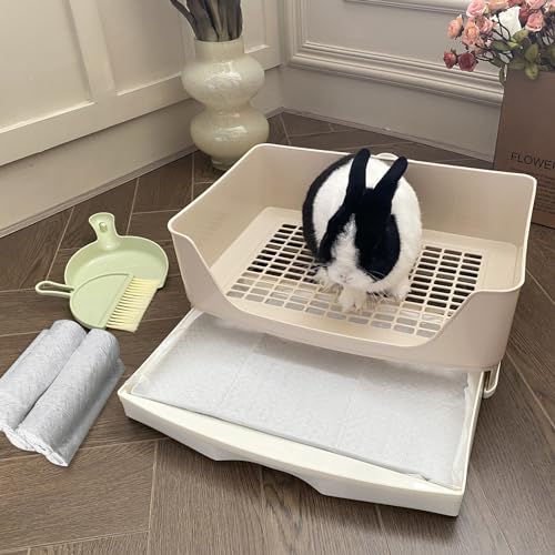 Image of Large Rabbit Litter Box Bunny Potty Training Corner Litter Pan with Drawer Comes with Liners Rabbit Pee Pads, Small Animal Bedding Toilet for Adult Guinea Pig, Ferret, Hamster, Bunnies