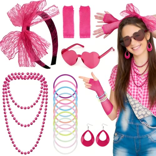 Kareeran Accessoires Annee 80 Femme, Déguisement Disco Femme, Jupe Courte Perruque Dentelle Bow Headband Boucles d'oreilles Lunettes de Soleil Filets Noël Halloween Party (Rose rouge)