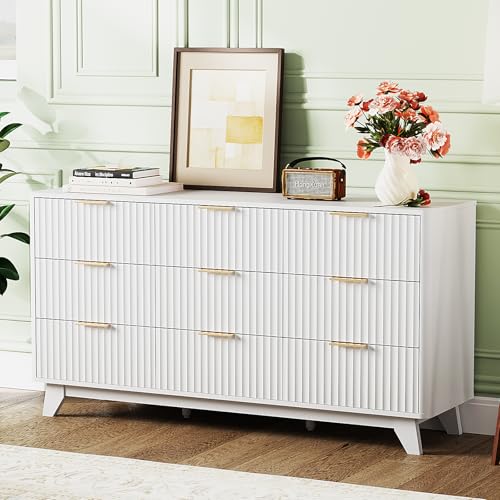 Image of VINGLI 9 Drawer Dresser White Fluted Dresser for Bedroom with Rounded Edges, 57 inch Long Wood Dressers White and Gold, 57 inch W*15.75 inch D*29.92 inch H
