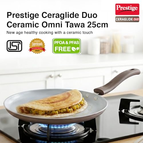 Image of Prestige Ceraglide Duo Omni Tawa 25cm Non-Stick Ceramic Coating|Works On Gas & Induction|High Heating|Cool Touch Handle|Grey