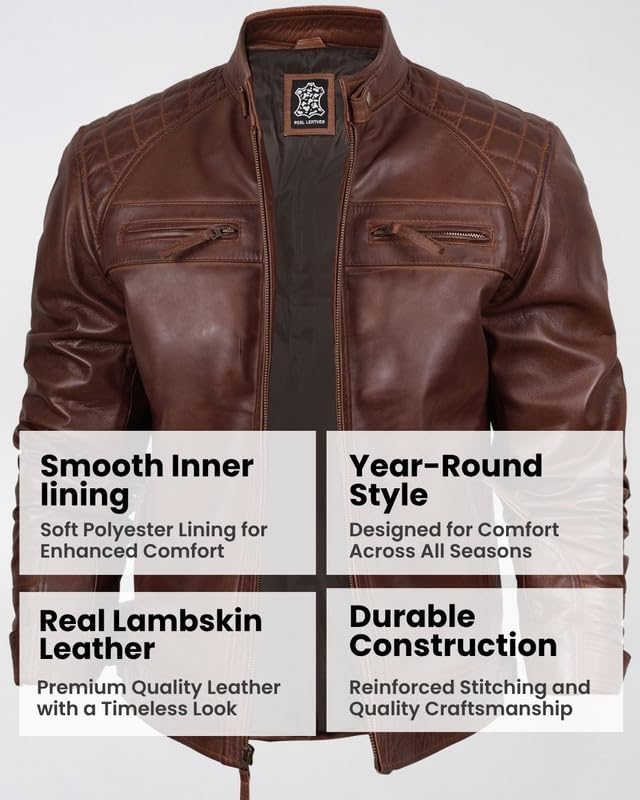 Image of Blingsoul Men's Leather Motorcycle Style Jacket - Quilted Cafe Racer Biker Style Jacket for Men
