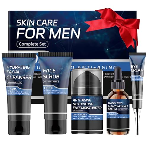 Skin Care Set for Men, 5 IN 1 Facial Care Kit Includes Cleanser, Face Scrub, Serum, Eye Cream, Moisturizer, Anti Aging Skincare Routine Kit Fathers Day Birthday Gifts for Husband Boyfriend Dad