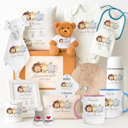 Set Regalo Bebe Recien Nacido Niño | Pack Personalizado con Nombre | Canastilla Baby Shower Maternidad | Cesta Elegante Bautizo Azul | Completa Tu Pack
