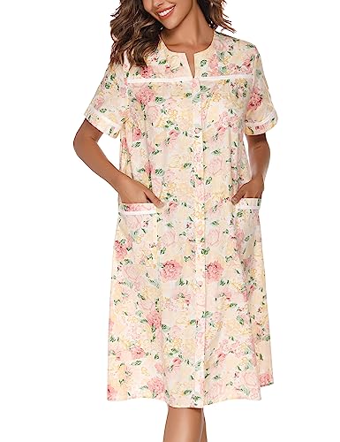YOZLY House Dress Womens Embroidered Housecoat Short Sleeve Duster Robe with Front Pockets S-3XL2