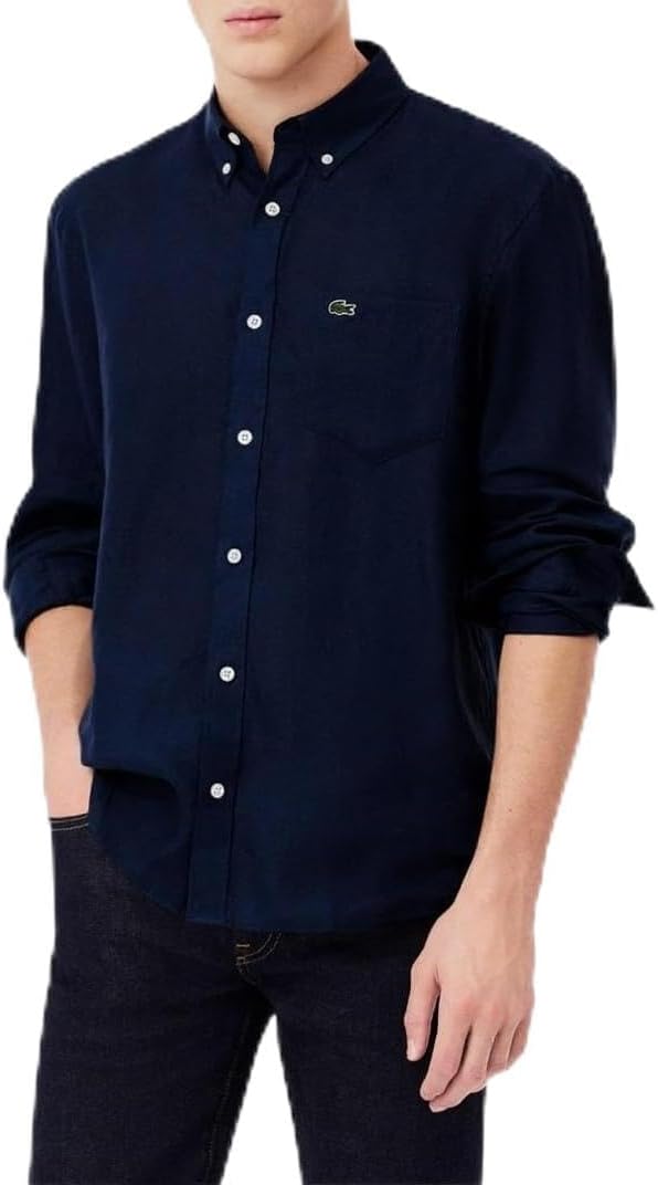 Lacoste Men's Long Sleeve Regular Fit Linen Button Down Shirt Navy Blue