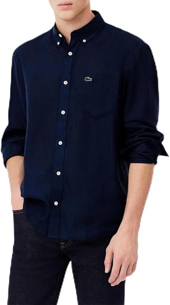 Lacoste Mens Regular Fit Linen Shirt Navy Blue