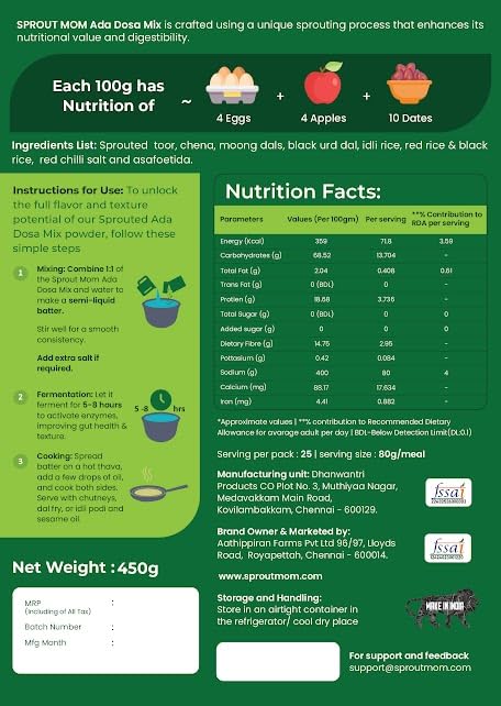 Sprouted Ada Dosa Mix | 100% Sprouted Lentils.| Zero Sugar | Gut Health Friendly| High Protein, Iron & Fiber | No bloating (Pack of 1) - Image 2 thumbnail
