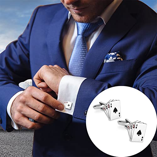 Rhungift Brass Cufflinks For Men- Men's Gifts Playing Cards 4A Poker Cuff Button Shirts Silver For Vegas Casino Night Event Wedding Business #TOP5