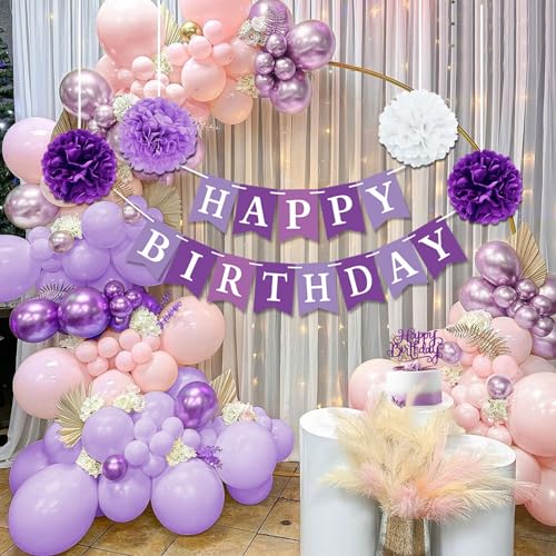Purple Birthday Decorations, Purple Party Decorations with Balloons Happy Birthday Banner Bday Sash and Crown Tablecloth Fringe Curtain Paper Pom Poms for Women Girls Bday Decor by KISPATTI - Image 6
