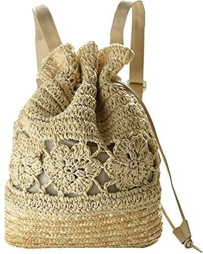 WamikSons Frauen Stroh Handtasche - Kordelzugbeutel Reine Hand Blume Häkeln Papierseil Rucksack Stroh Strandtasche für Strand Urlaub Cover
