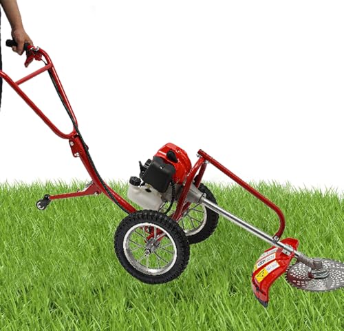 49CC Hand Push Weed Wacker, 2 Stroke Gas Powered Lawn Mower with Wheels, 1.8Kw 7000Rpm Behind Push Grass Trimmer, Brush Cutter for Lawn, Garden, Hills, Plains & Orchards