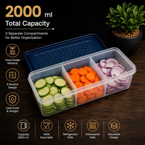 Image of MAGIC SPOON Multipurpose 3 Section Storage Container | Spice Box, Pickle Jar, Fridge Organizer, Dry Fruit, Vegetable & Kitchen Storage Container- 2000ml X 2 Pack (NAVY)