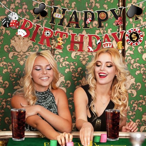 Image of Hooqict Casino Theme Party Decorations Happy Birthday Banner Casino Party Banner Garland for Las Vegas Poker Night Birthday Party Decorations Supplies