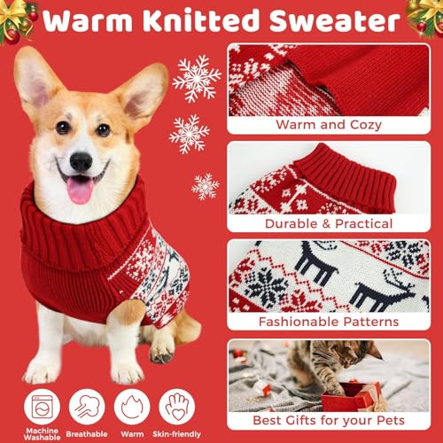 Image of Christmas Dog Sweaters for Small Medium Large Dogs Girl, Soft Warm Pup Dogs Shirt, Turtleneck Double Knitting Collar for Outdoors Playing, Warm Dog Cat Clothes(Red+Blue,XX-Small)