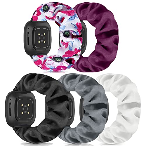 Scrunchie Watch Bands for Women Compatible with Fitbit Sense/Versa 3 Elastic Scrunchy Replacement Band Soft Stretchy Band For Fitbit Versa 3 /Sense(5 Pack D,L-Size)