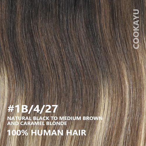 Image of COOKAYU Clip in Hair Extensions Human Hair, 1B /4 /27 Natural Black to Medium Brown and Caramel Blonde Real Hair Extensions Clip in Human Hair Thick Silky Straight Extension, 16inch 120g 7Pcs