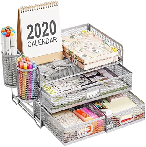 Marbrasse 3 Tier Mesh Desk Organizer with Drawer, Multi-Functional Desk Organizers and Accessories, Paper Letter Organizer with 2 Pen Holder for Home Office Supplies (Mesh desk organizer with 3 drawers – silver)